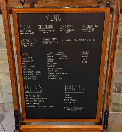 Oliver Pine chalkboard menu with signatures, tea, flavors, milks, bites, and bagels