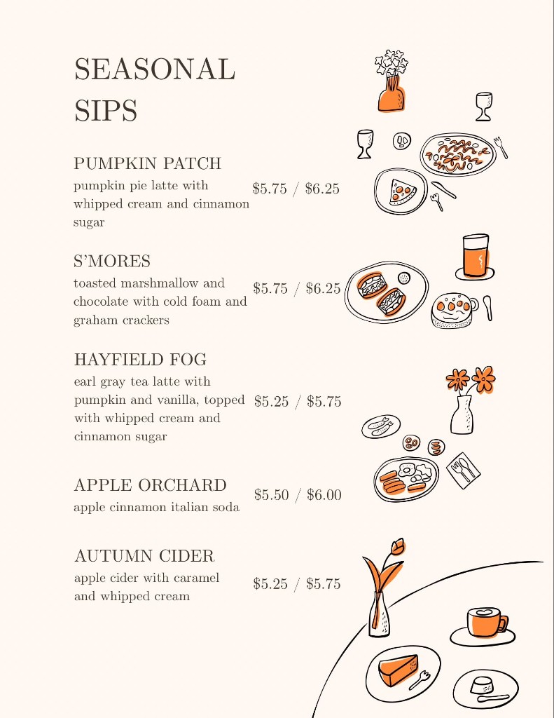 Illustrated seasonal sips menu with autumn drinks and plates